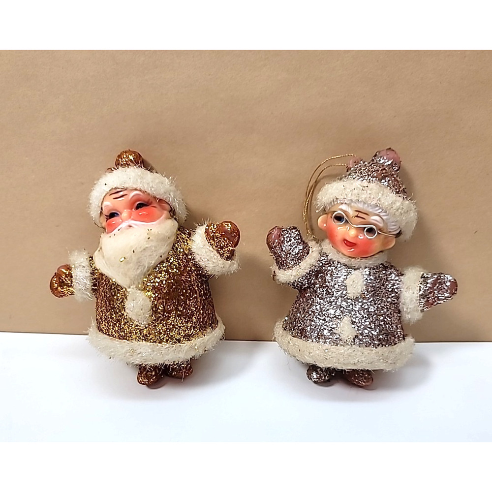 Vtg Dancing Flocked Silver‎ & Gold Glitter Mr. & Mrs. Claus Christmas Ornaments